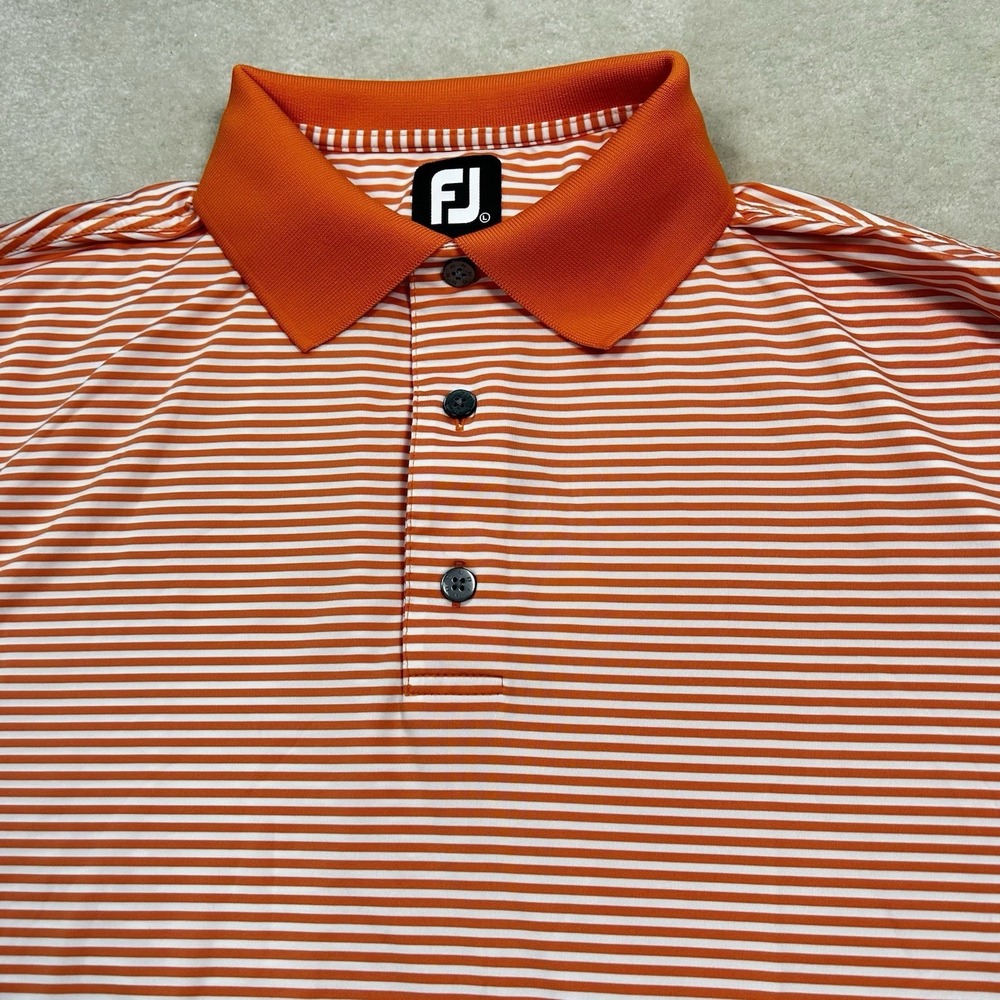 Footjoy Mens Large Orange White Striped Short Sleeve Golf Polo Shirt Performance